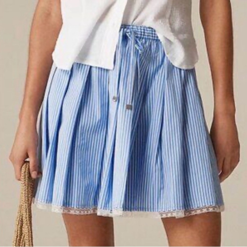 J. Crew Blue & White Striped Skirt Lace Trim Elastic Waist Preppy Size XS NWT